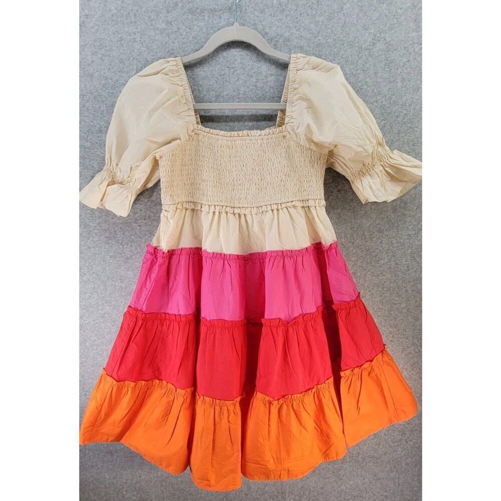 NEW ENGLISH FACTORY Women Sz XS Tier Dress Cream Pink Red Orange Colorblock Mini